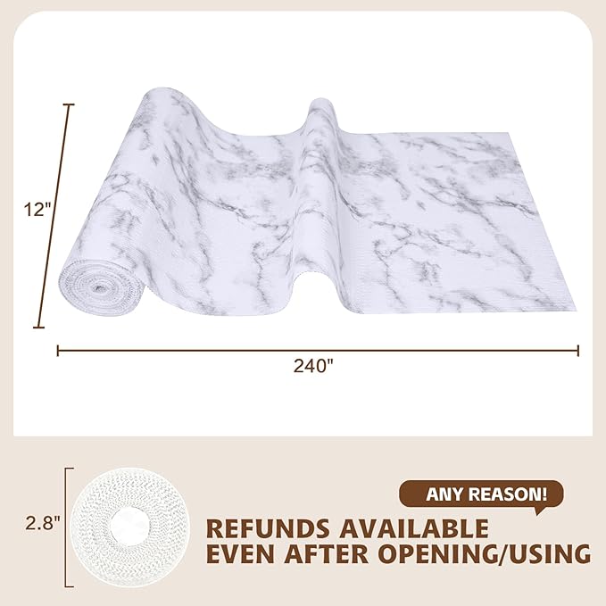 Shelf and Drawer Liner, 12in x 10FT Double Layer PVC Non-Adhesive Non-Slip Waterproof, Marble Pattern for Kitchen Cabinets, Pantry, Bathroom, Dresser with Knife and Tape Measure