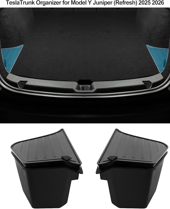 cybtkcar for Tesla Trunk Storage Bins Model Y Juniper 2026 2025 Refresh Rear Organizer with Lid Trunk Side Storage Box Model Y Interior Accessories TPE Waterproof Cargo Storage Bins Black 2PCS