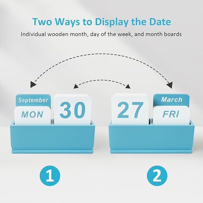 Wooden Block Perpetual Calendar for Desk, Daily Desktop Standing Flip Calendar with Large Display, Modern Farmhouse Aesthetic Desk Accessories for Home Office Decor, Reusable Yearly, Blue