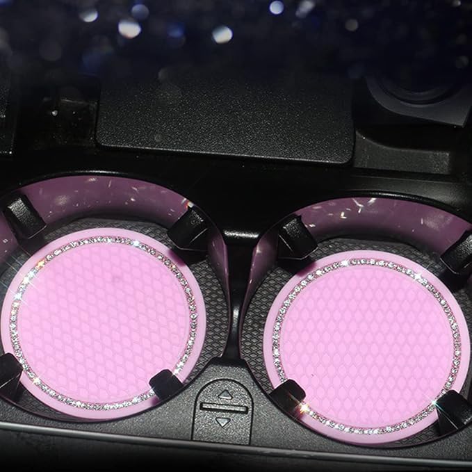 Car Coasters for Cup Holders, 2.75 Inch Auto Cup Holder Insert Coasters Silicone Anti-Slip Crystal Rhinestone Cute Drink Car Cup Mat, 4PCS Bling Car Accessories for Women & Lady (Pink)