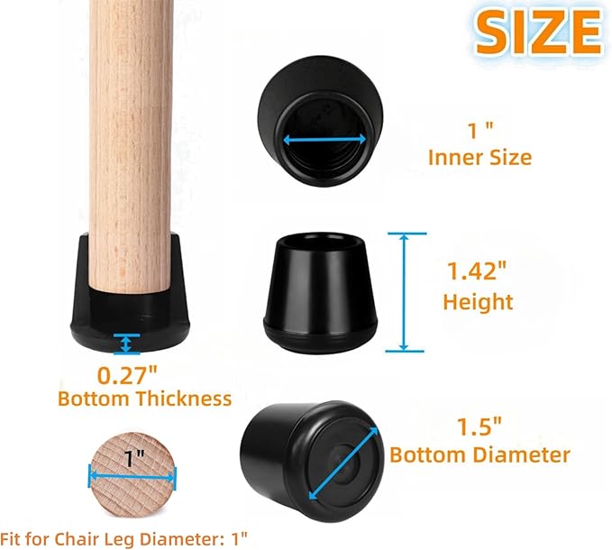 Chair Leg Tips Caps Non-Slip Rubber Leg Tips 1” Inner Diameter Furnigear -Black Chair Leg Floor Protectors Round, 16 Pack