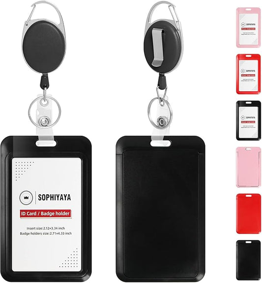ID Badge Holder with Clip Badge Reels Ret retractable Heavy Duty Id Card with Carabiner Badge Reel with 24 inches Pull Cord for Office, School, Factory, Teacher (Black, Vertical)