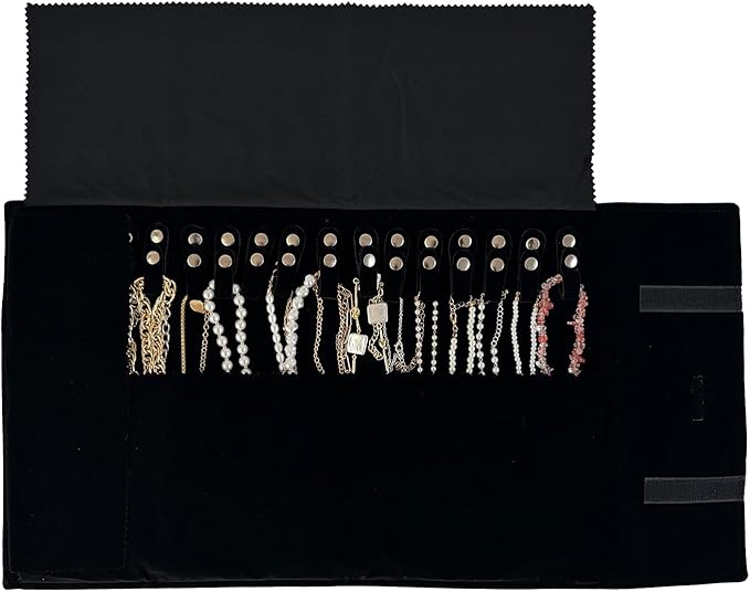 UnionPlus Velvet Travel Jewelry Roll Bag Organizer for Necklace, Elastic Band and Anti-winding, Black