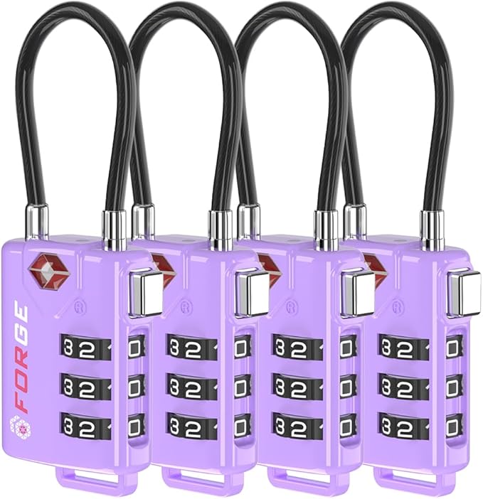 Forge TSA Approved Luggage Locks, Resettable Combination with Alloy Body, Purple 4 Locks.