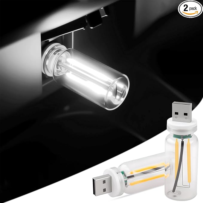 2PCS USB Lights for Car, Touch Dimmable Retro Car Lamp Interior LED Ambient Lighting, Portable Mini Glass Bottle LED Bulb Night Light for Vehicle Bedroom Hallway Camping Holiday Decoration (White)