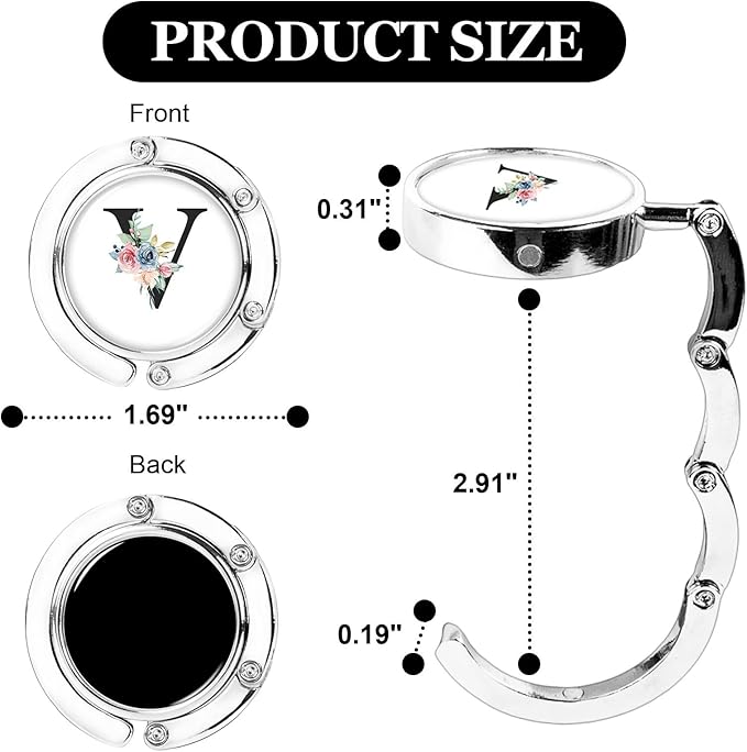 XSUIOY 3Pcs Personalized Initial Foldable Purse Hook for Table,Crushed Flower Letters Folding Purse Hanger,Purse Holder Handbag Hanger Collection Desk Table Bag Hooks Gifts for Women Bag(Black-V)