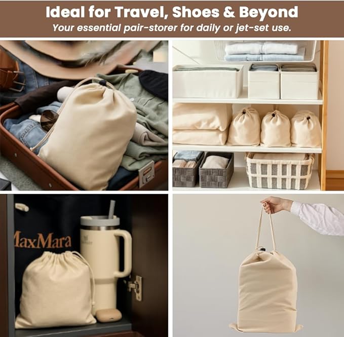 LFH Cotton Shoe Storage Bags with Drawstring, Dustproof Breathable Reusable Organizer, Perfect For Travel, Dorm, Hotel, College, Gym, Easy to Carry, 8"x17" (Pack of 2) - Natural Thanksgiving
