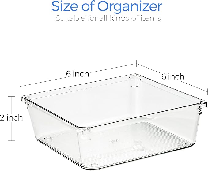 Ravinte 6 Pack Drawer Organizer - 6" X 6" Plastic Storage Bins, Acrylic Organizers with Non-Slip Pads Clear Desk Storage Tray for Makeup, Jewelry, Kitchen Utensils, Bathroom and Office