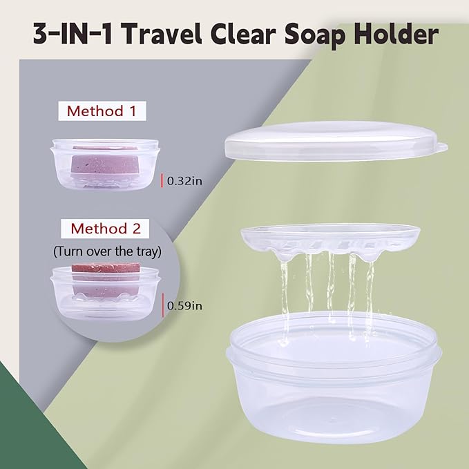 Travel Soap Container 1 Pack, Round Soap Case with Cover, Portable Bar Soap Holder, Leakproof Shampoo Bar Holder with Drainage Tray for Shower, Bathroom, Travel, Camp (Transparent White)