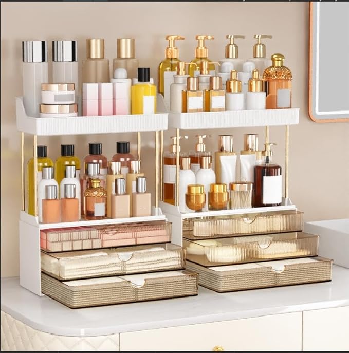 2 Pack Bathroom Organizers and Storage - 3 Drawers 2 Tier Makeup Organizer, Cosmetic Storage Drawer for Dresser Countertop and Bathroom Vanity for Large Skincare, Perfume, Amber