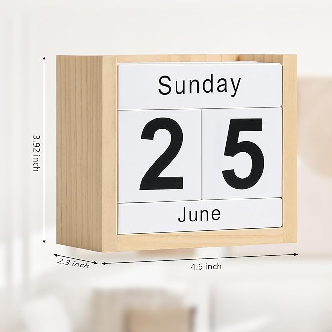 Wooden Block Calendar for Desk, Daily Desktop Perpetual Desk Calendar, Cute Date Display Blocks Desk Accessory for Home Office Decor, Teacher, Classroom, Reusable Yearly, Wood Grain