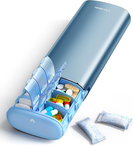Vaydeer Metal 7 Day Pill Organizer 2 Times a Day – AM PM Weekly Travel Pill Case with Moisture-Proof Desiccant, Airtight Large Capacity Pill Box for Vitamins, Medications & Supplements (Blue)