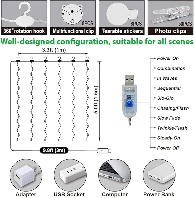 ZSJWL 3.3×5ft Short Curtain Lights with 8 Hook for Small Windows, 96 LED Warm White Photo Clips String Light with 52 Clear Clips, Remote Control 8 Modes USB Fairy Lights for Bedroom, Party, Wall