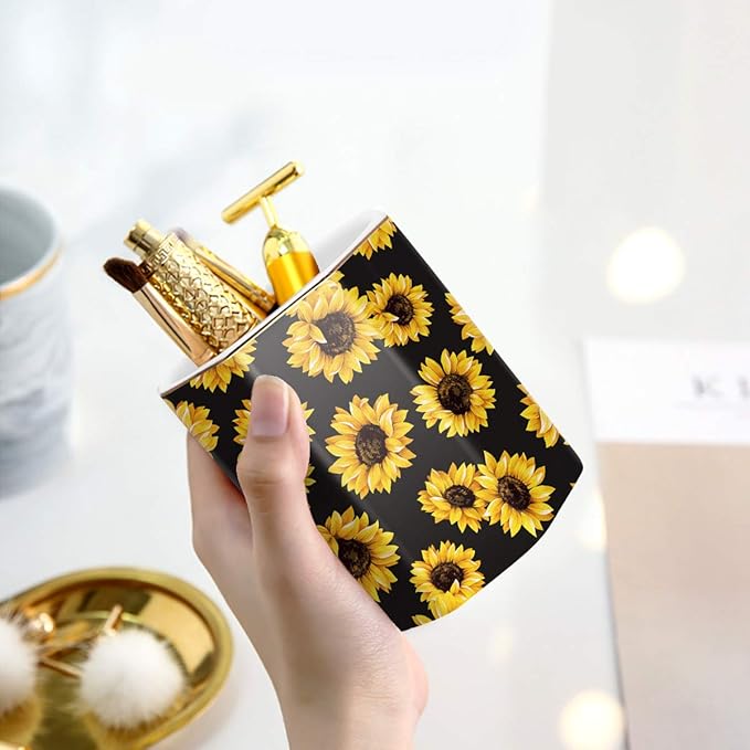 WAVEYU Pen Holder, Pencil Holder for Desk Floral Pattern Pencil Cup for Girls Kids Durable Ceramic Desk Organizer Makeup Brush Holder for Office, Classroom, Home, Sunflower