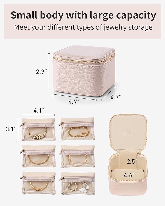 Vlando Travel Jewelry Case, Jewelry Organizer with 6 Zipper Velvet Jewelry Bags for Women and Girls, Wedding Birthday Gift Ideas for Women, Earrings Rings Storage Gift Box Packaging, Pink