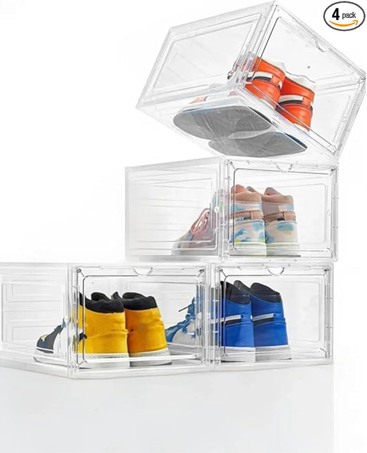 Hoogtecly 4 Pack Shoe Storage Bins, Thicken & Sturdy Clear Shoe Storage Organizer with Magnetic Door, Stackable Boxes for Closet, Foldable Space-Saving Shoe Rack for Sneaker Boot Container