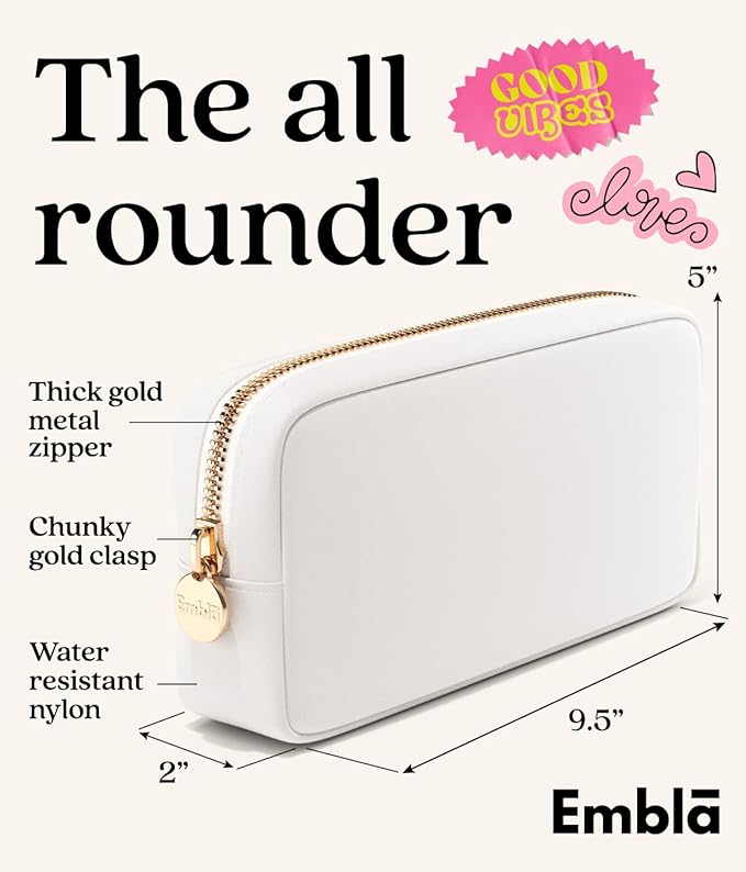 Embla Makeup Bag Travel Cosmetics Pouch and Toiletry Bag, Nylon Zipper Pouch Purse, Cute Make Up Organizer Storage Tote for Women Girls, Waterproof Travel Skincare Case, Small Makeup Bags, White