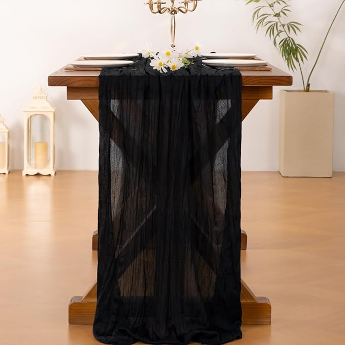 Socomi 6pcs Black Summer Cheesecloth Table Runner Boho Rustic Gauze 120 inch 10FT Cheese Cloth Sheer Runner for Wedding Party Baby Shower Birthday Home Decor Holiday Decorations