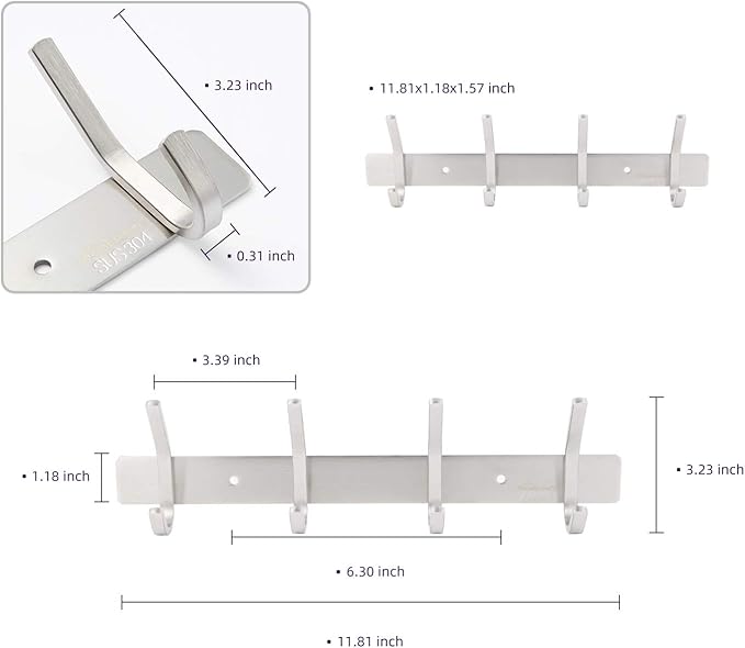 Coat Rack Wall Mounted,Stainless Steel Silver Towel Racks with 4 Hooks for Bathroom Kitchen Bedroom Door