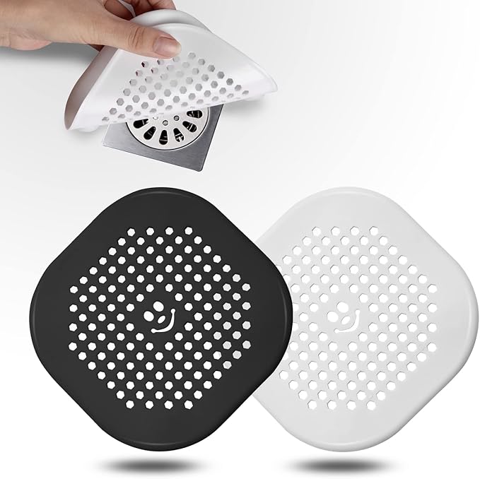 2 Pack Drain Hair Catcher Silicone Drain Protector Hair Stopper with Suction Cup for Shower Kitchen Bathroom Black White
