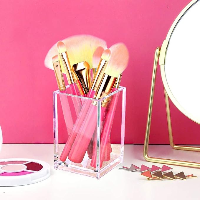 2 Pack Clear Acrylic Pencil Pen Holder Cup,Desk Accessories Holder,Makeup Brush Storage Organizer,Modern Design Desktop Stationery Organizer for Office School Home Supplies,2.6x 2.6x 4 inches