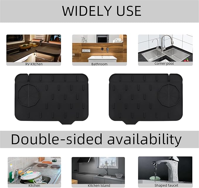 2-Pack Bytelive Silicone Sink Mat, Mini Sink Splash Guard and Soap Sponge Holder for Kitchen Countertop Protect with Self Draining Design (8.3" x 5.7", 2-Pack Black)