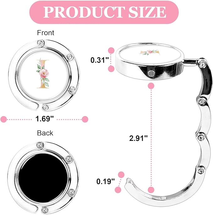 XSUIOY 3Pcs Personalized Initial Foldable Purse Hook for Table,Crushed Flower Letters Folding Purse Hanger,Purse Holder Handbag Hanger Collection Desk Table Bag Hooks Gifts for Women Bag(Pink-I)