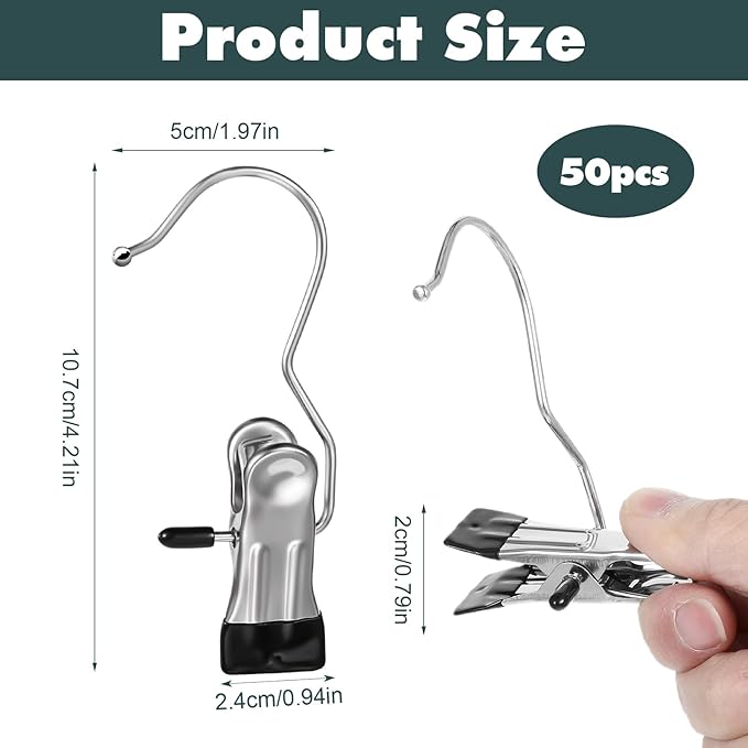 50 Pack Boot Hanger Clips Hooks, Heavy Duty Laundry Hooks with Clips, Portable Stainless Steel Clothes Pins Boot Clips for Hanging, Socks Towels Hats Pants Holder for Travel, Closet