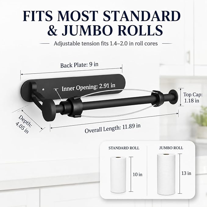 Magnetic Paper Towel Holder for Fridge-Great Adhesive Magnetic,One Hand Operable Paper Towel Holder,No Drill Wall Mount Hanging for Garage RV Kitchen (Black)