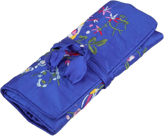 TUMBEELLUWA Embroidery Travel Jewelry Bag Roll Embroidered Flower and Bird Brocade Organizer with Tie Close