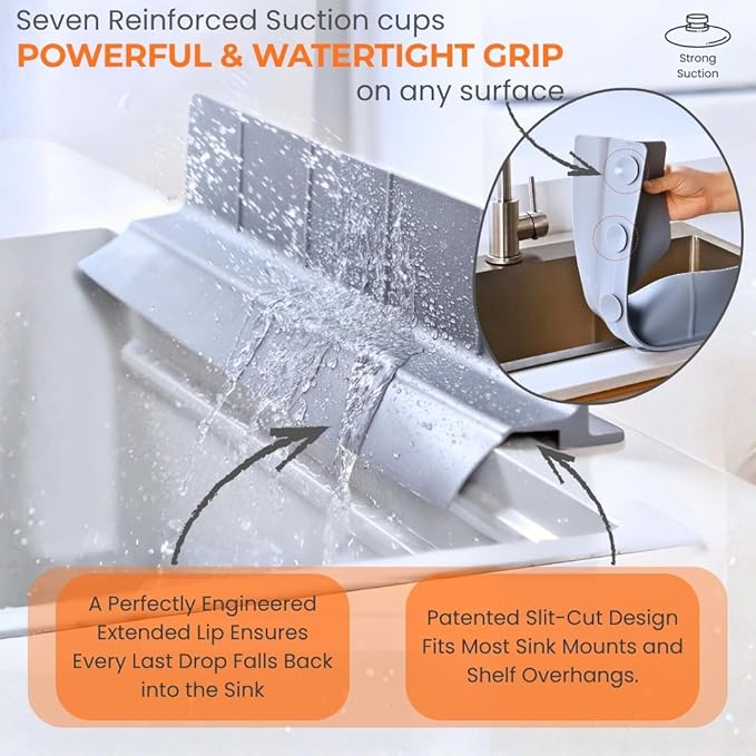 MessOut Extra Large Silicone Kitchen Sink Splash Guard 58x9x10cm – Non-Slip with Strong Suction, Non Crumble, Non-Harmful, Durable & Easy-to-Clean Protector for a Mess-Free Sink and Dishwashing (Grey)