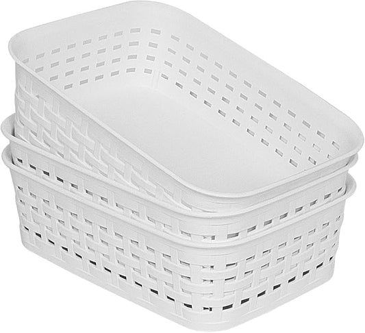 Soddeph Plastic Storage Baskets for Cabinets, Household Pantry Organization with Handle,Organizer Bins for Room,Bathrooms,Under-Sink,Kitchen (White, XS-3PACK)