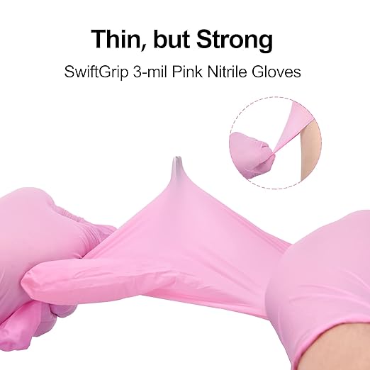 SwiftGrip Pink Nitrile Gloves, 3-mil, Industrial Gloves Disposable Latex Free, for Cleaning & Esthetician, Rubber Powder-Free, 100-ct Box (X-Small)