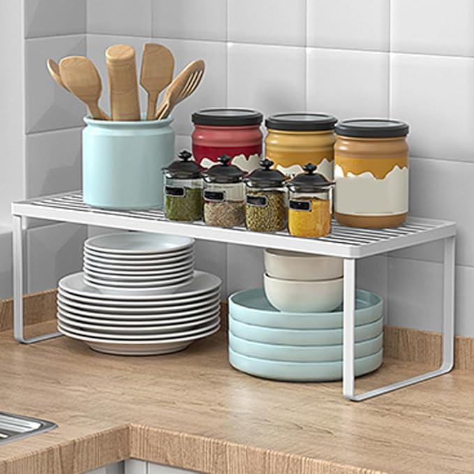 Kitchen Cabinet Storage Shelf Stackable Wire Spice Rack Organizer Heavy Duty Space Saver for Bathroom Bedroom Closet Laundry Room Office Countertop - White, Pack 1