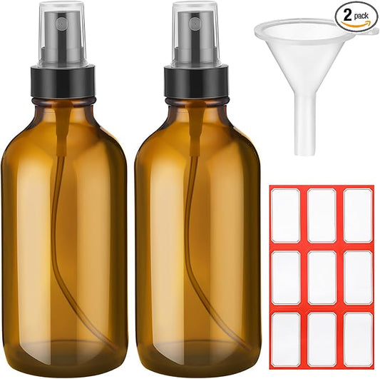 Fumete 2 Pack Glass Bottles 4oz Empty Refillable Liquid Containers with 1 Label 1 Funnel for Essential Oils Hair Travel Plants Cleaning Skin Care(Amber, Black Top,Mist Bottle)