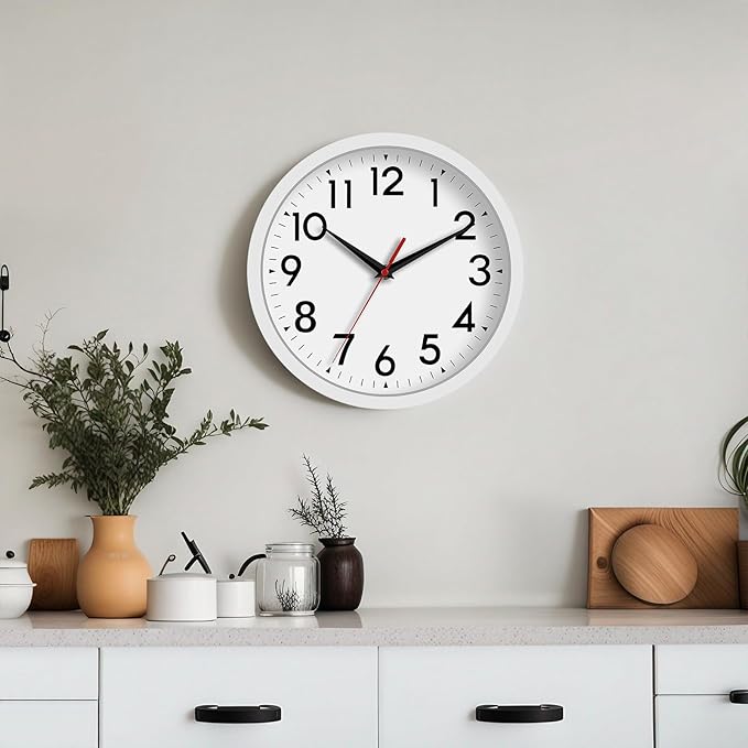 12 Inch Wall Clock Battery Operated Silent Non Ticking Analog Modern Decorative for Office Kitchen Outdoor Living Room Classroom Bedroom Bathroom School (White)