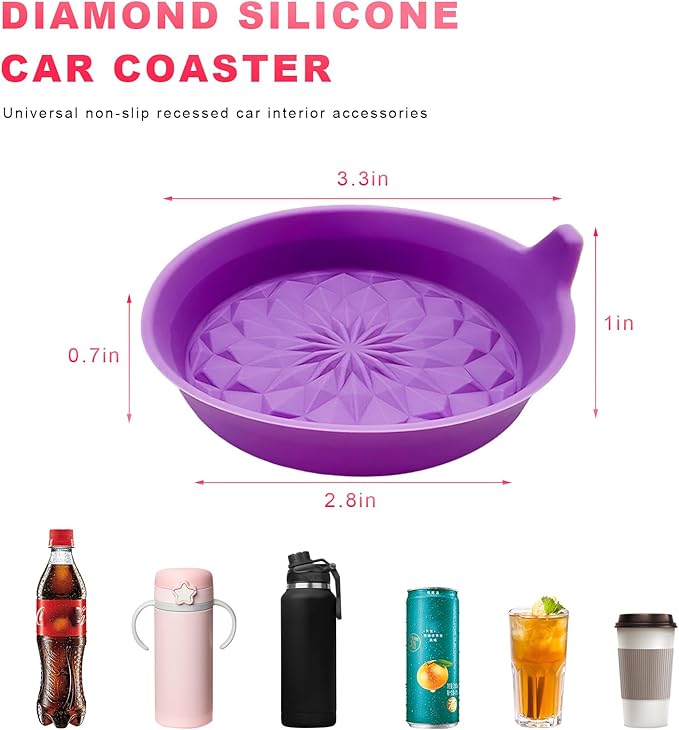 2 PCS Car Cup Holder Coasters, 2.75 Inch Anti-Slip Insert Silicone Car Coaster Drink Mat, Shockproof Universal Auto Cup Coasters for Most Vehicles, Car Interior Accessories (Dark Purple)