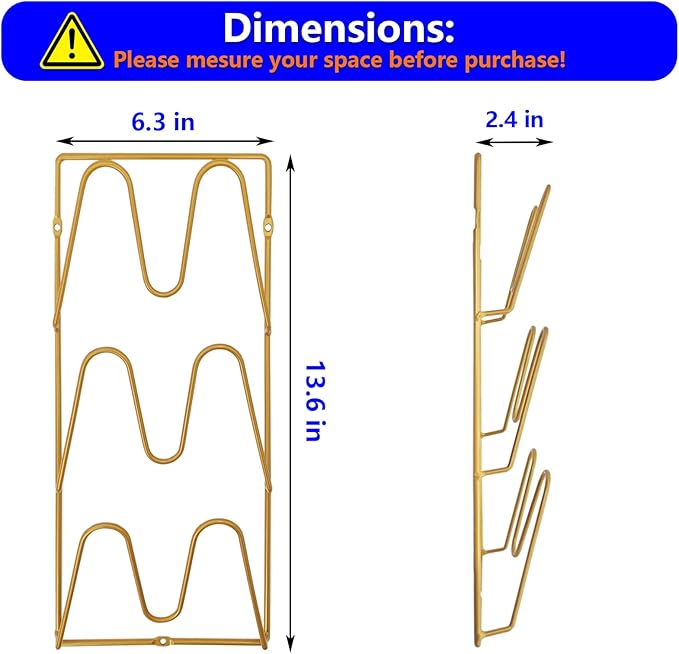 2 Pack Pot Lid Organizer Rack, 6 Tier Hanging Pot Lids Holder Inside Cabinet Door, No Drilling Adhesive Wall Mounted Pan Lid Organizer, Kitchen Cooking Lid Storage Rack for Cupboard (Gold)