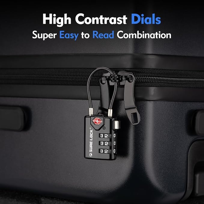 SURE LOCK TSA Compatible Travel Luggage Locks, Inspection Indicator, Easy Read Dials TSA Approved with Zinc Alloy (1, Black 8 Pack)