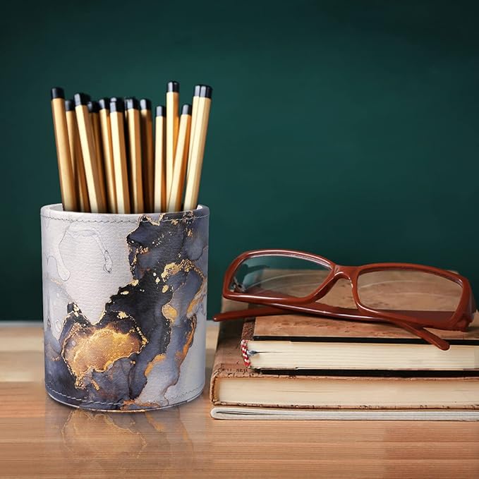 WAVEYU Marble Pen Holder for Desk, Pencil Organizer Office Decor, Makeup Brush Holder Large Pu Leather Multi-Functional Organizer Cup for Office, Classroom, Home, Gold Marble