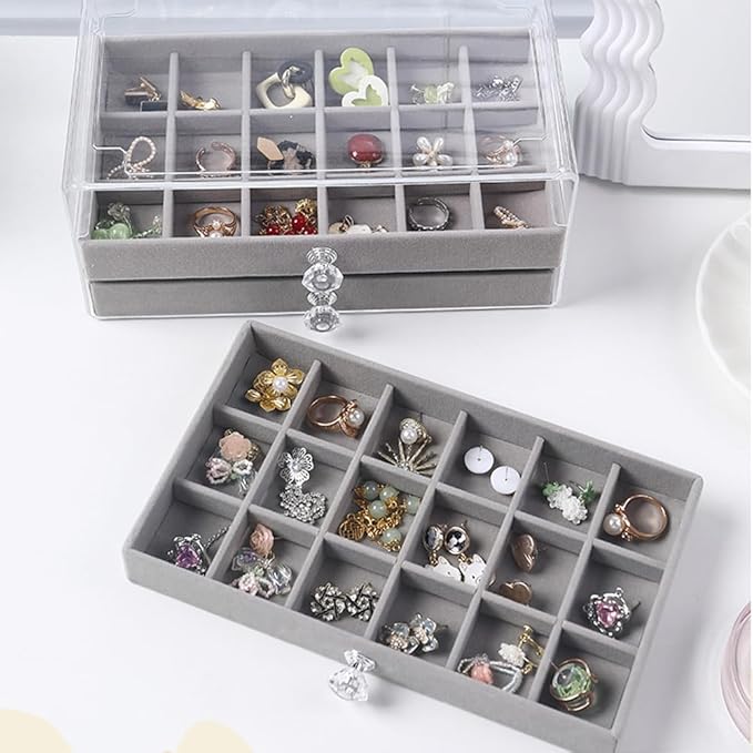 SPAKOWN Earring Box Holder Organizer Display Case, Clear Velvet Jewelry Storage Tray Organizer for Earring Ring Stud (Grey - 3 Drawers)