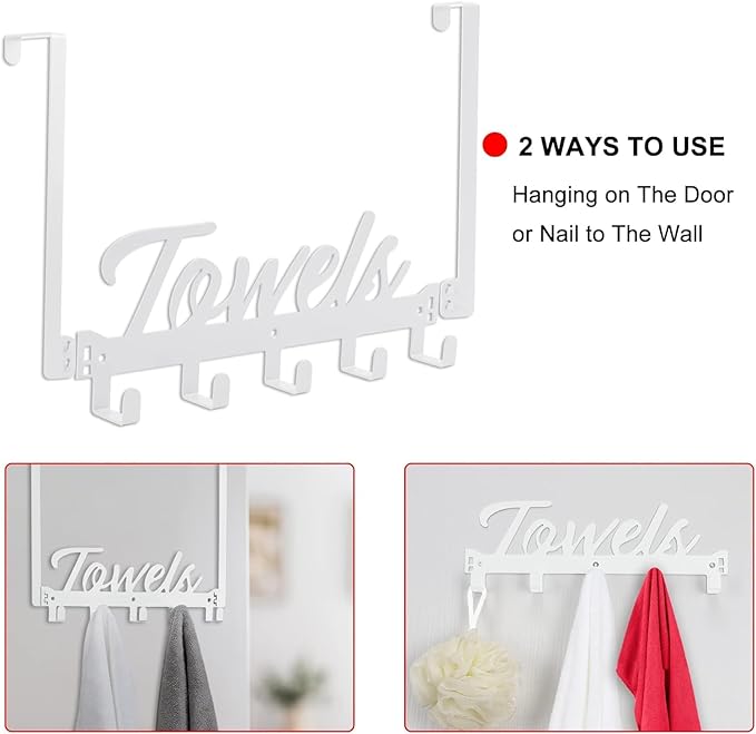2 Pack Over The Door Hooks, Towel Rack for Bathroom Towel Holder for Hanging Heavy Duty, Over Door Hanger with 10 Coat Hooks for Bedroom Bathroom Kitchen Bag, Coats, Hats (White)
