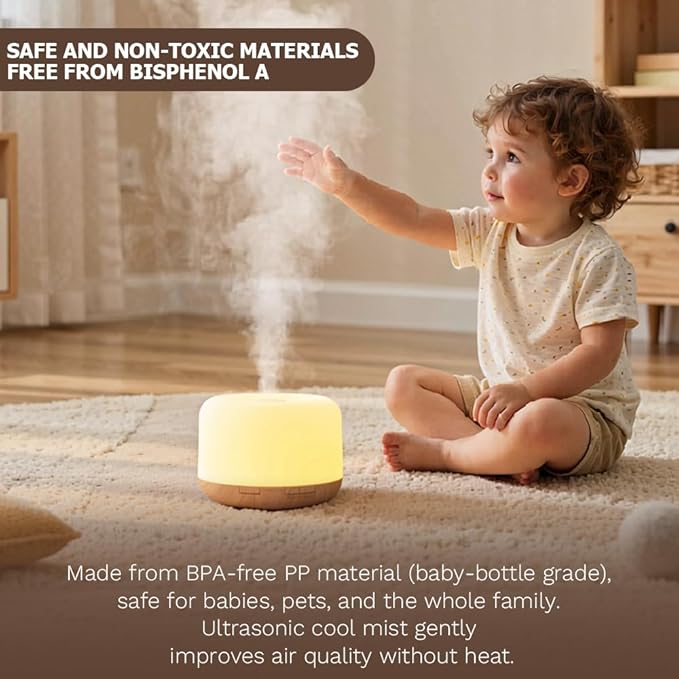 500ml Premium Essential Oil Diffuser,Quiet 4-in-1 Ultrasonic Aromatherapy Humidifier,7 Color LED Lights,with Adjustable Automatic Timer Off Function and Spray Mode. (Light Woodgrain, Basic Edition)