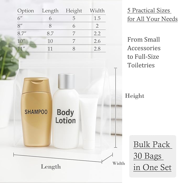 30 Pack Mini Clear Makeup Bag Organizer Cosmetic Zipper Pouch TSA Approved Small Travel Pouches for Toiletries Transparent EVA Reusable Water-resistant Plastic Clear Gift Bags Bulk, 6” x 5” x 1.5”