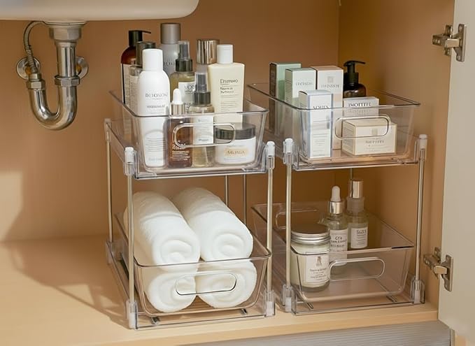 1 Pack 2-Tier Bathroom Organizers and Storage, Clear Under Sink Organizer Vanity Countertop Storage Pantry Organizers, Pull-Out Cabinet Organizer With Track For Bathroom, Kitchen, Pantry