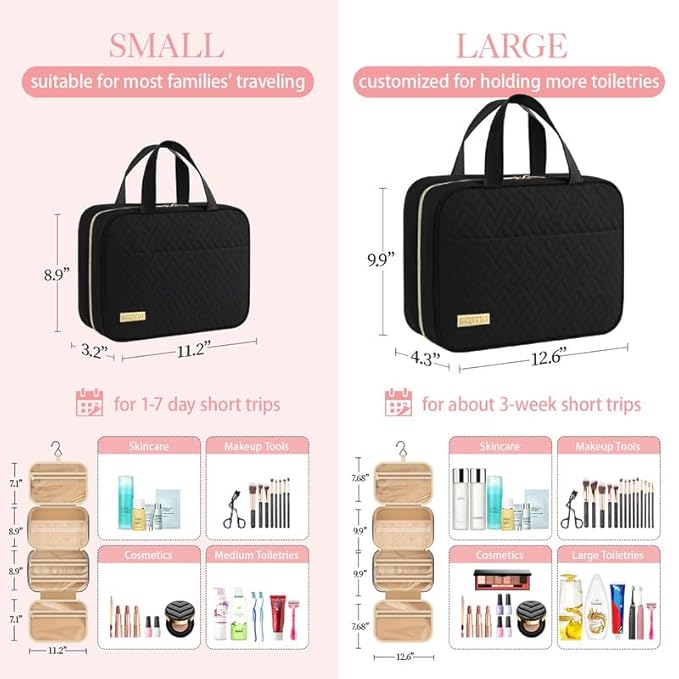 HOTOR Travel Toiletry Bag - Hanging Toiletry Bag for Women & Men, Makeup Bag/Big Compartment, Waterproof for Travel Accessories, Travel Essentials, Medium, Black