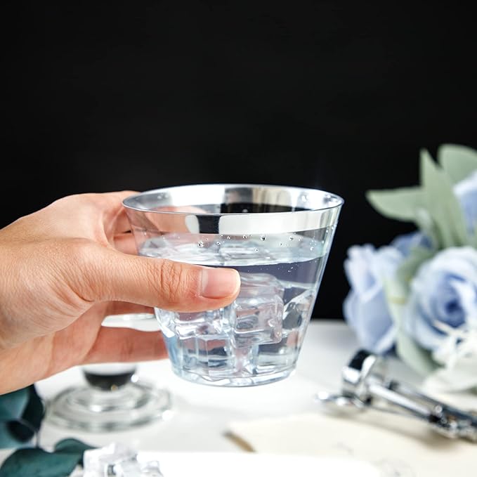 I00000 200pcs Silver Disposable Plastic Cups 9 oz Clear Plastic Cups Old Fashioned Tumblers Silver Rim Cup Disposable Party Cup Elegant Silver Wine Glasses Cocktail Cup