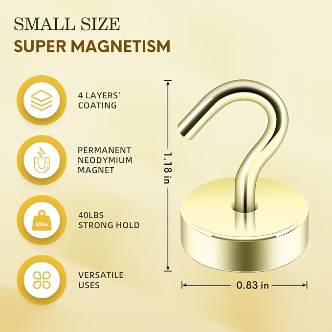 Neosmuk Magnetic Hooks, Cruise Ship Essentials, 40lb+ Heavy Duty Magnetic Hooks for Cruise Cabins, Refrigerator, Grill, Hanging, and Travel | Extra Strong Must-Haves Magnet Hook,Gold