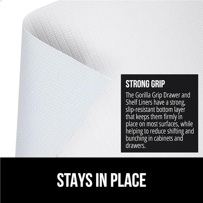 GORILLA GRIP DripGuard Shelf Liner, Non-Adhesive Drawer and Kitchen Cabinet Protector, Strong Grip Slip Resistant Underside, Smooth Surface Liners for Cabinets, Bathrooms, Closets, 12x240 Inch, White