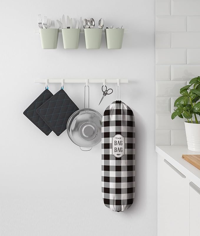Moanlor Art Grocery Bag Holder Black White Checked Plastic Bags Holder Organizer Storage Buffalo Plaid Bag Holder for Plastic Trash Bags Cute Farmhouse Kitchen Decor